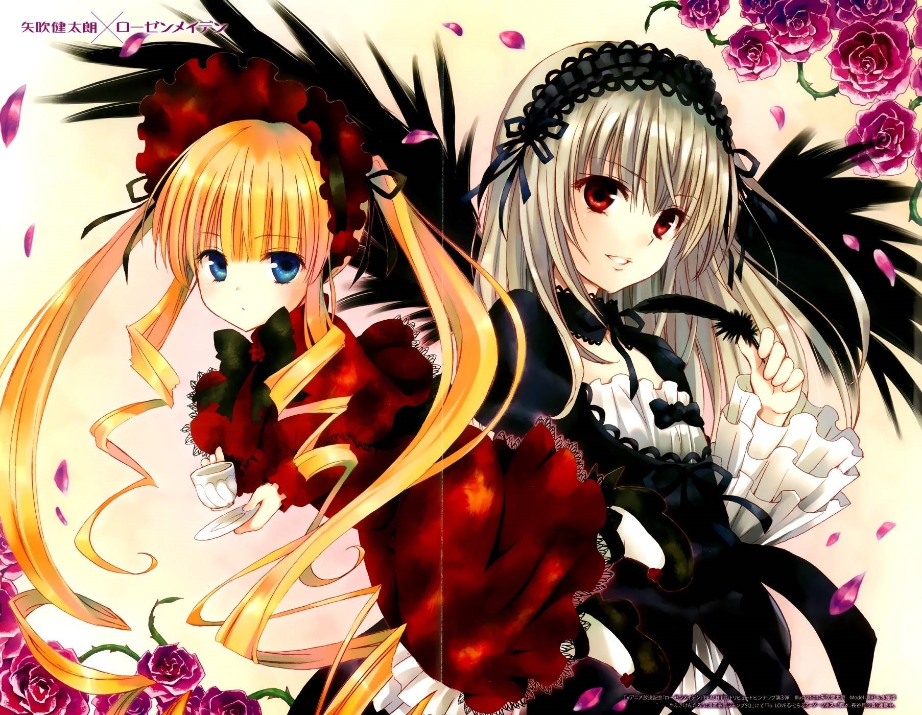 2girls blonde_hair blue_eyes bow cup dress flower frills hairband image long_hair long_sleeves looking_at_viewer multiple_girls pair petals pink_flower pink_rose red_dress red_eyes red_flower red_rose rose rose_petals shinku silver_hair smile suigintou tea teacup twintails wings