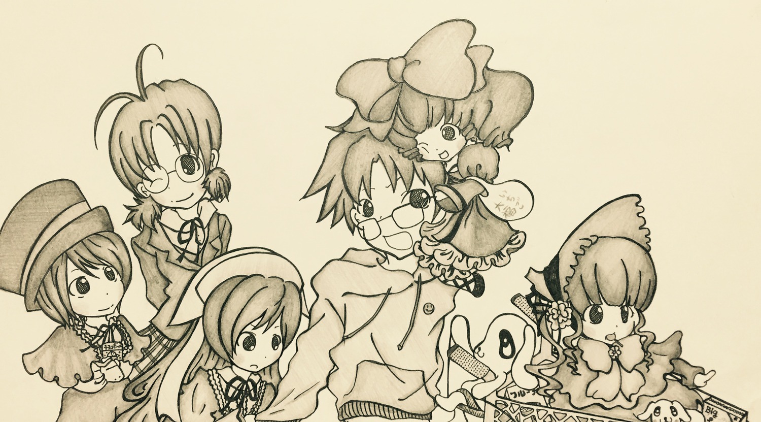 bow hat image monochrome multiple multiple_girls one_eye_closed short_hair smile tagme