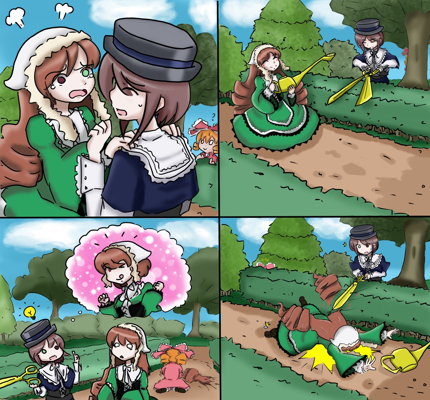 2girls auto_tagged brown_hair bush cloud comic day dress grass green_dress green_eyes hat heterochromia image long_hair multiple_girls outdoors pair short_hair sky souseiseki suiseiseki