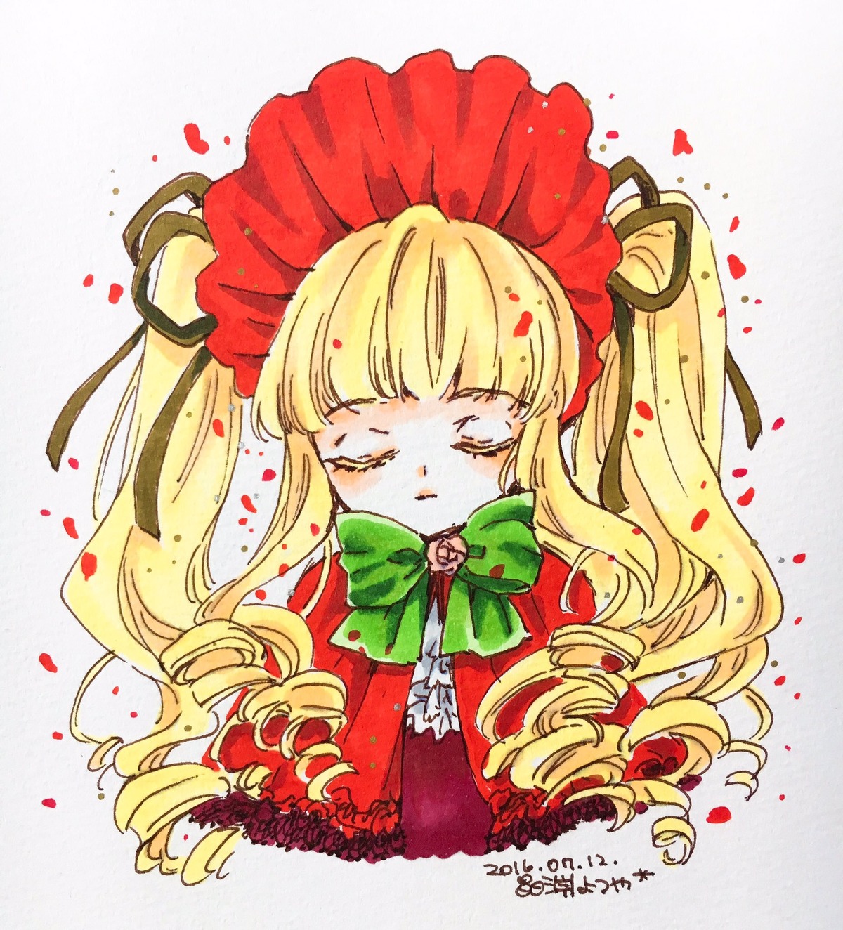 1girl bangs blonde_hair blush bonnet bow bowtie drill_hair flower green_bow image long_hair petals rose rose_petals shinku solo upper_body