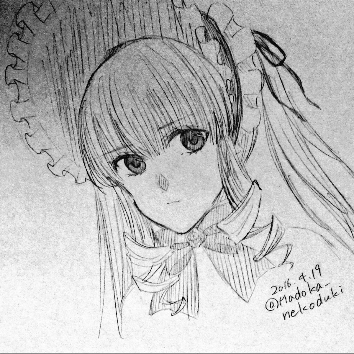 1girl bangs closed_mouth dated drill_hair eyebrows_visible_through_hair flower greyscale long_hair looking_at_viewer monochrome portrait solo traditional_media twin_drills