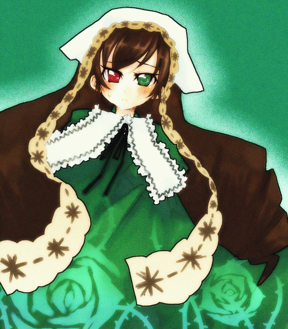 1girl brown_hair dress frills green_background green_dress green_eyes head_scarf heterochromia image long_hair long_sleeves looking_at_viewer red_eyes solo suiseiseki