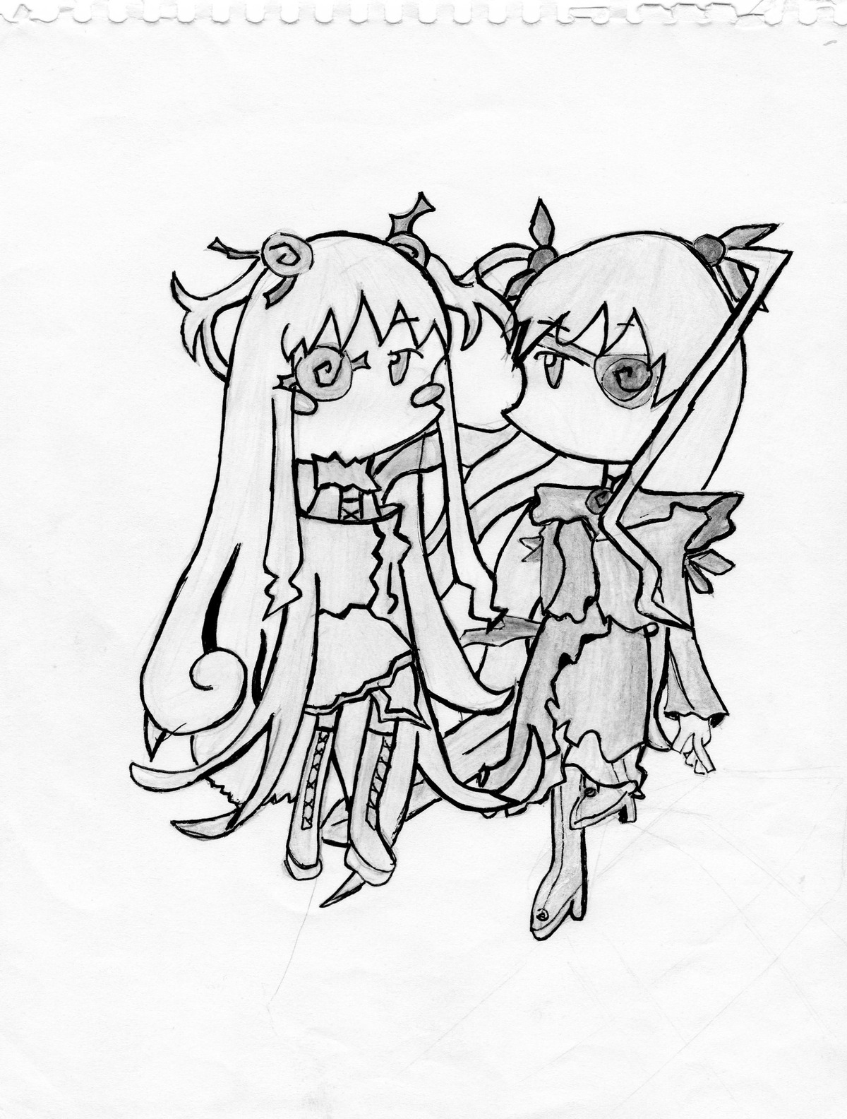 2girls barasuishou bow dress drill_hair greyscale hair_ornament hairpin image kaname_madoka kirakishou long_hair magical_girl monochrome multiple_girls pair short_twintails thighhighs twintails two_side_up