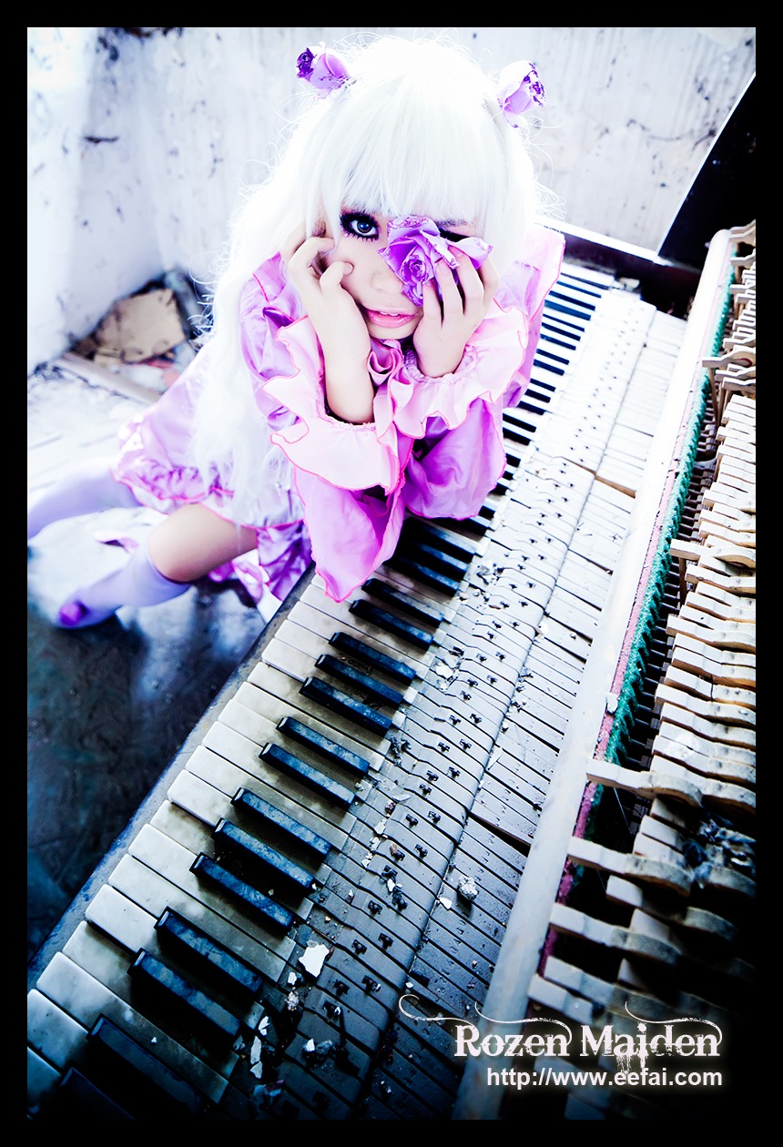 1girl barasuishou blue_eyes dress frills guitar instrument keyboard_(instrument) letterboxed piano pillarboxed solo thighhighs white_hair