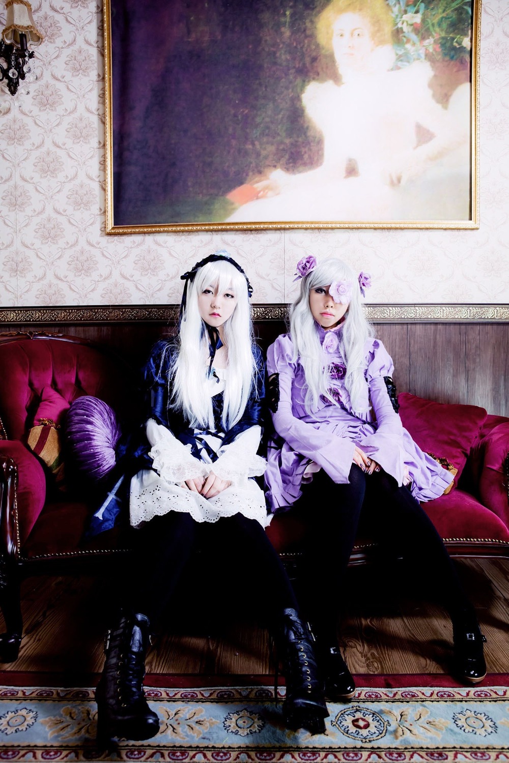 1boy 2girls dress flower frills hairband long_hair multiple_cosplay multiple_girls sitting suigintou tagme