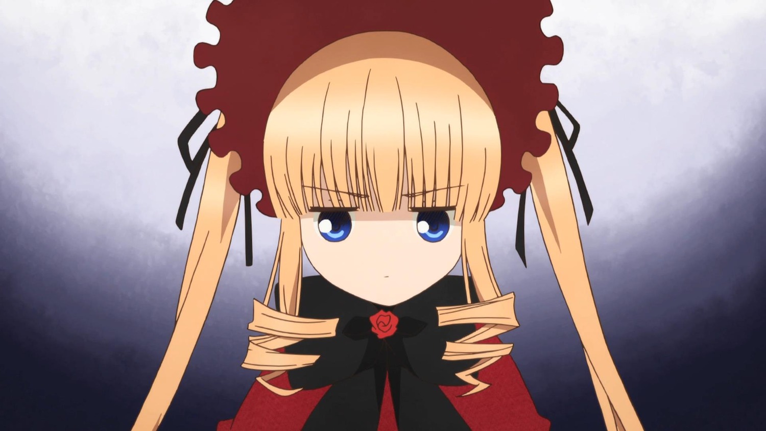 1girl auto_tagged bangs black_ribbon blonde_hair blue_eyes bonnet bow bowtie dress drill_hair flower image long_hair long_sleeves looking_at_viewer ribbon rose shinku solo twintails
