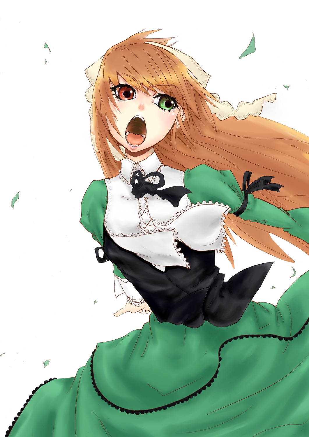 1girl brown_hair commentary_request confetti dress frills green_dress green_eyes headdress heterochromia highres image leaf long_hair long_sleeves open_mouth red_eyes rozen_maiden shouting solo suiseiseki tears tommy_bell