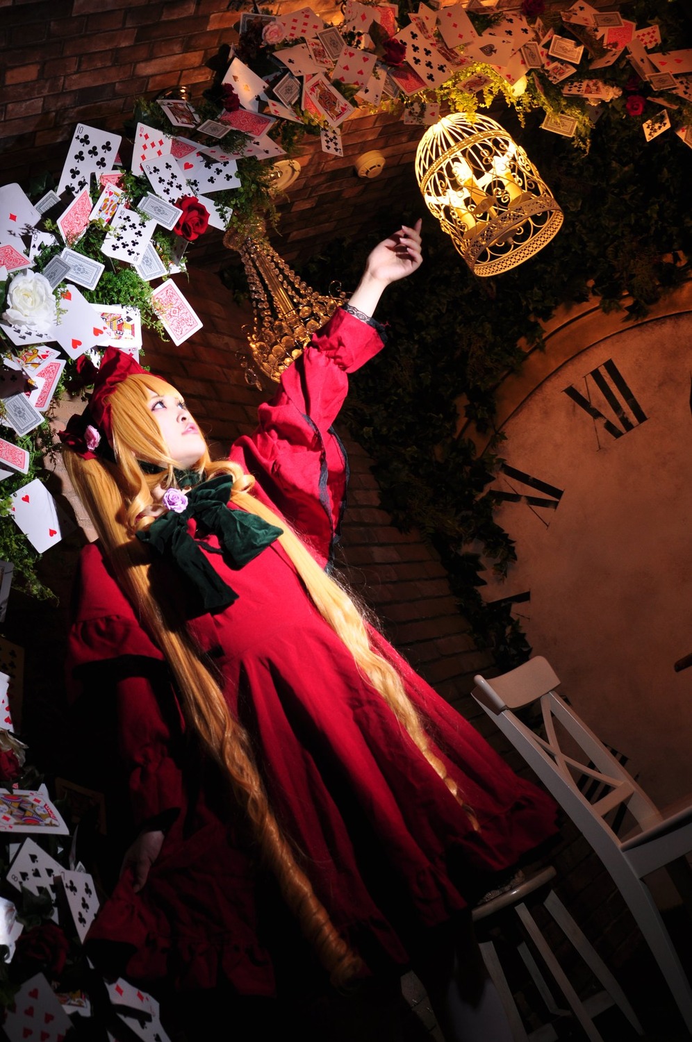 1girl blonde_hair blood card dress flower hair_over_one_eye hat letter long_hair playing_card red_dress rose shinku solo