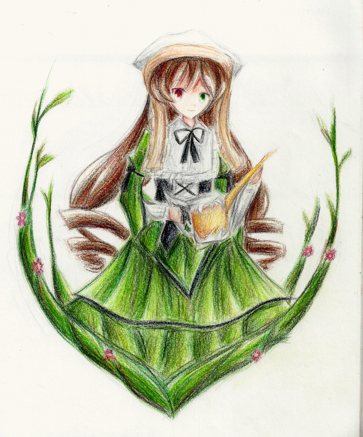 1girl black_ribbon brown_hair dress flower green_dress green_eyes hat heterochromia image long_hair long_sleeves looking_at_viewer red_eyes simple_background smile solo suiseiseki traditional_media very_long_hair watering_can