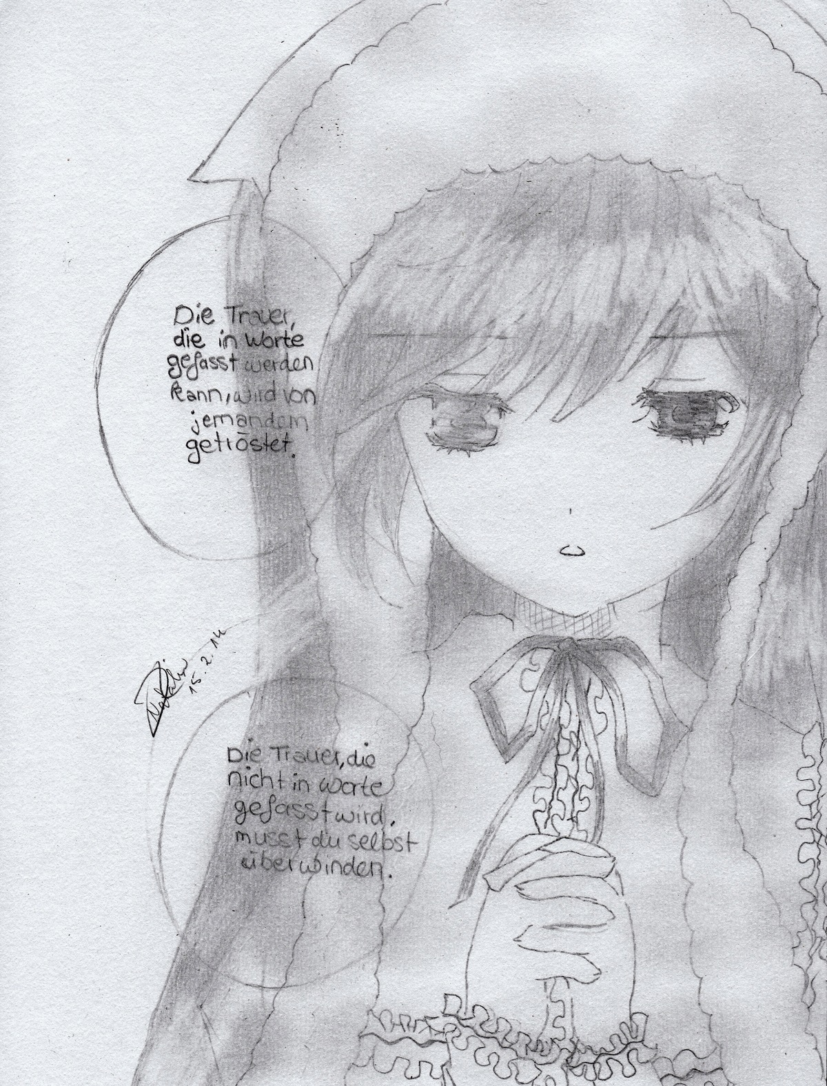 1girl bangs eyebrows_visible_through_hair frills greyscale hands_together image long_hair long_sleeves monochrome neck_ribbon own_hands_together ribbon solo suiseiseki traditional_media
