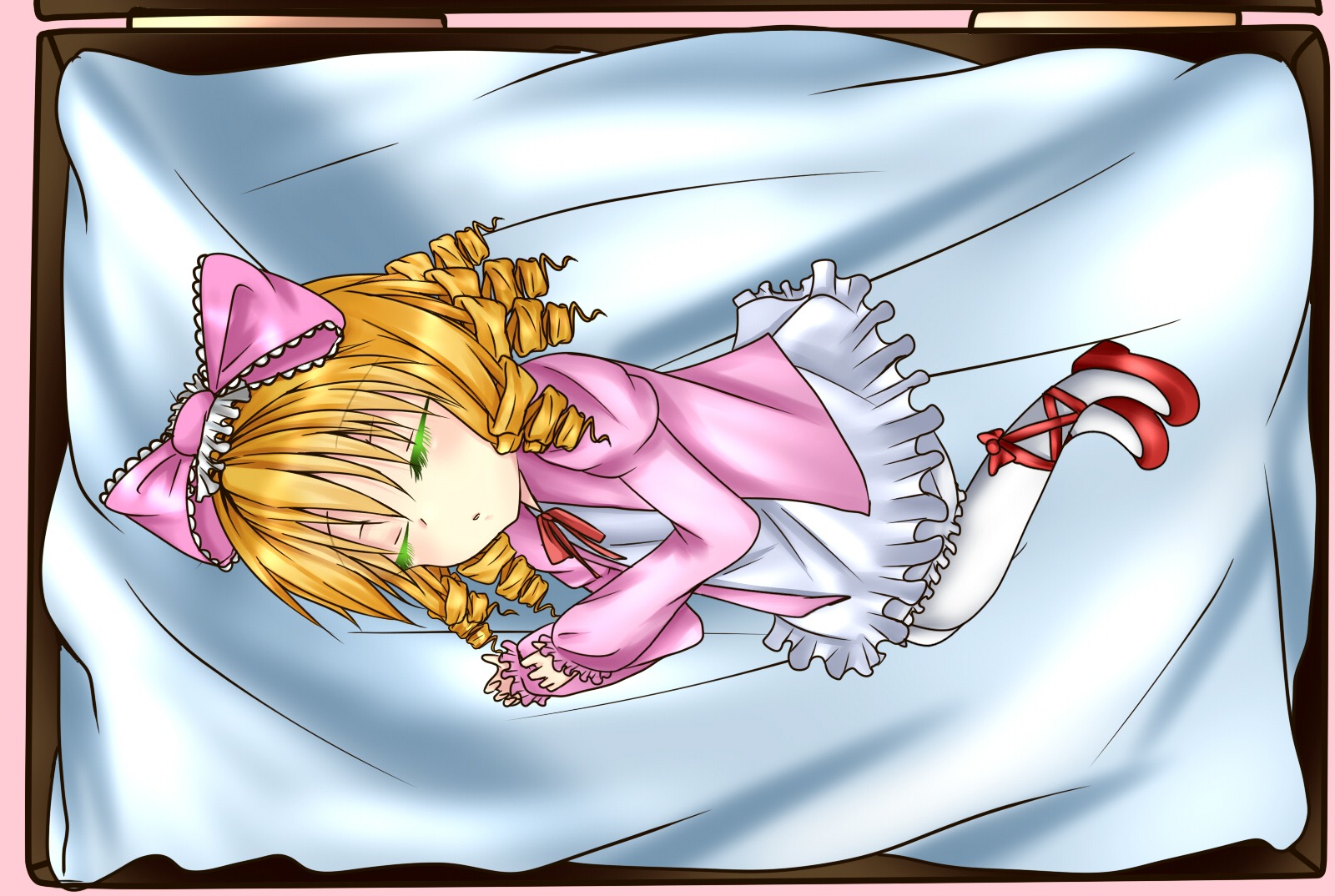 1girl bed blonde_hair blush bow curtains dress drill_hair frills hina_ichigo hinaichigo image long_sleeves lying pantyhose pillow pink_bow ribbon short_hair solo white_legwear