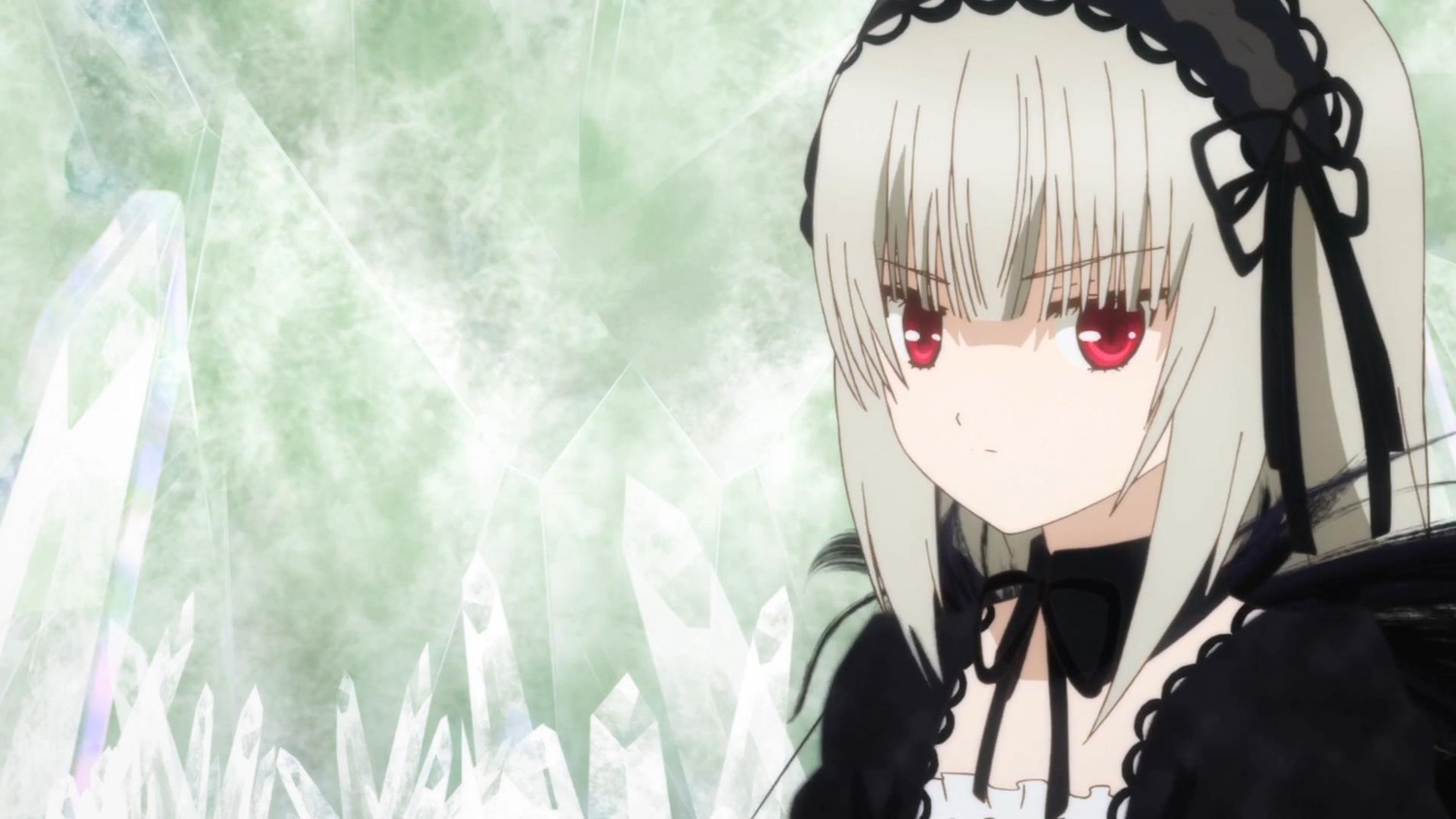 1girl bangs black_ribbon closed_mouth detached_collar dress eyebrows_visible_through_hair hairband image long_hair long_sleeves looking_at_viewer red_eyes ribbon silver_hair solo suigintou wings