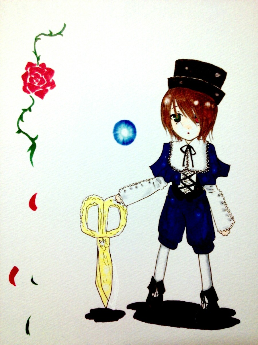1girl bow bowtie flower full_body green_eyes hair_over_one_eye hat heterochromia image long_sleeves petals red_eyes red_flower red_rose rose rose_petals short_hair solo souseiseki standing