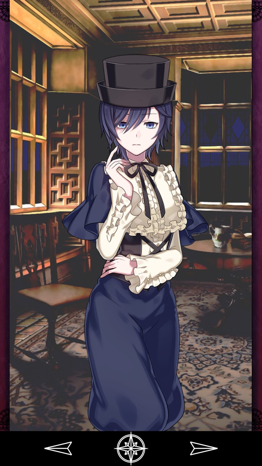 1girl black_headwear blue_eyes blue_hair bookshelf frilled_shirt frills hair_between_eyes hat image long_sleeves looking_at_viewer ribbon shirt short_hair skirt solo souseiseki