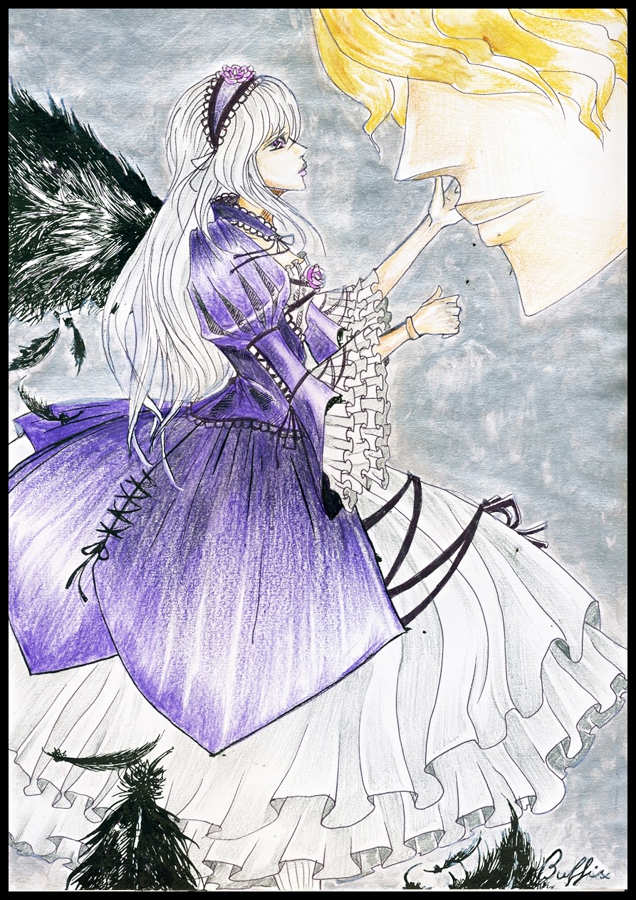 blonde_hair dress frilled_dress frills hairband image jewelry letterboxed long_hair profile solo suigintou traditional_media yakumo_yukari