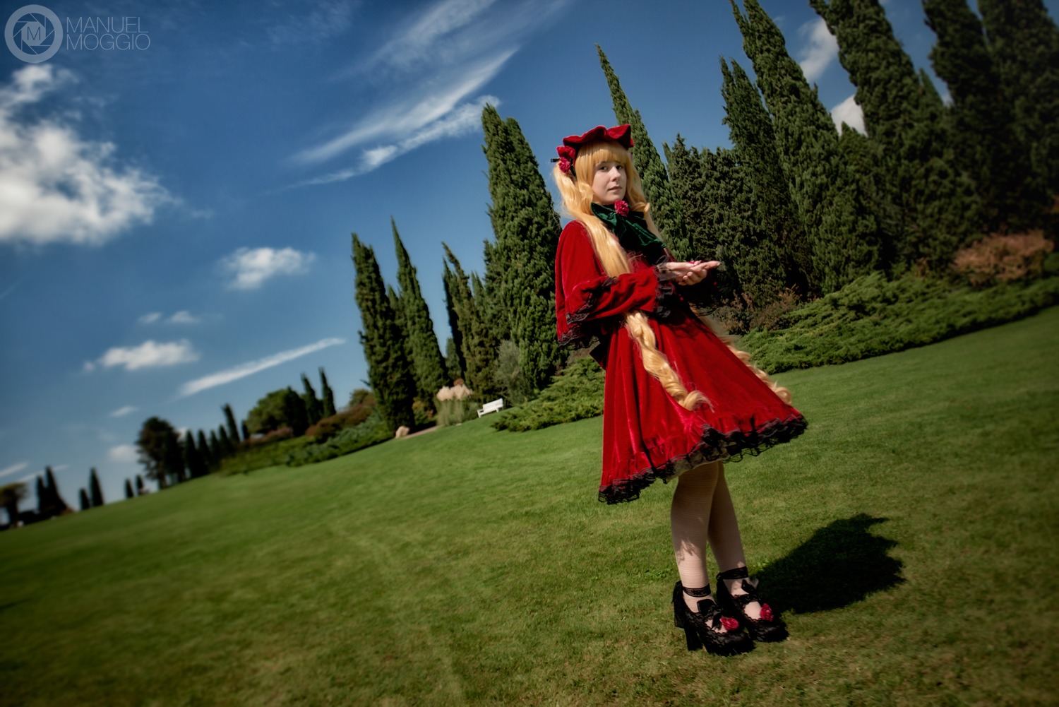1girl blonde_hair blue_sky bow cloud cloudy_sky day dress field grass mountain outdoors pantyhose red_dress shinku sky solo standing tree