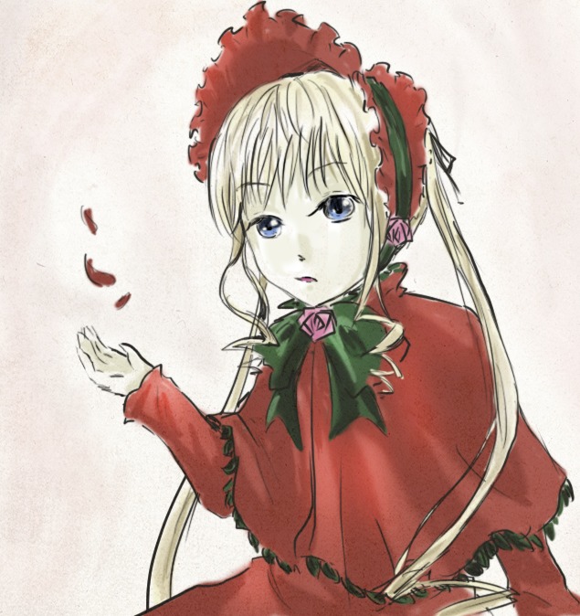 1girl auto_tagged blonde_hair blue_eyes bonnet bow bowtie capelet dress flower image long_hair long_sleeves red_capelet red_dress red_flower red_rose rose shinku solo upper_body