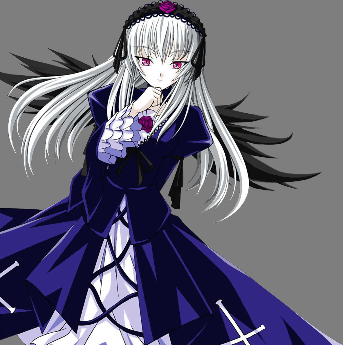 1girl black_wings dress flower frills hairband image long_hair long_sleeves looking_at_viewer pink_eyes ribbon rose silver_hair solo suigintou wings