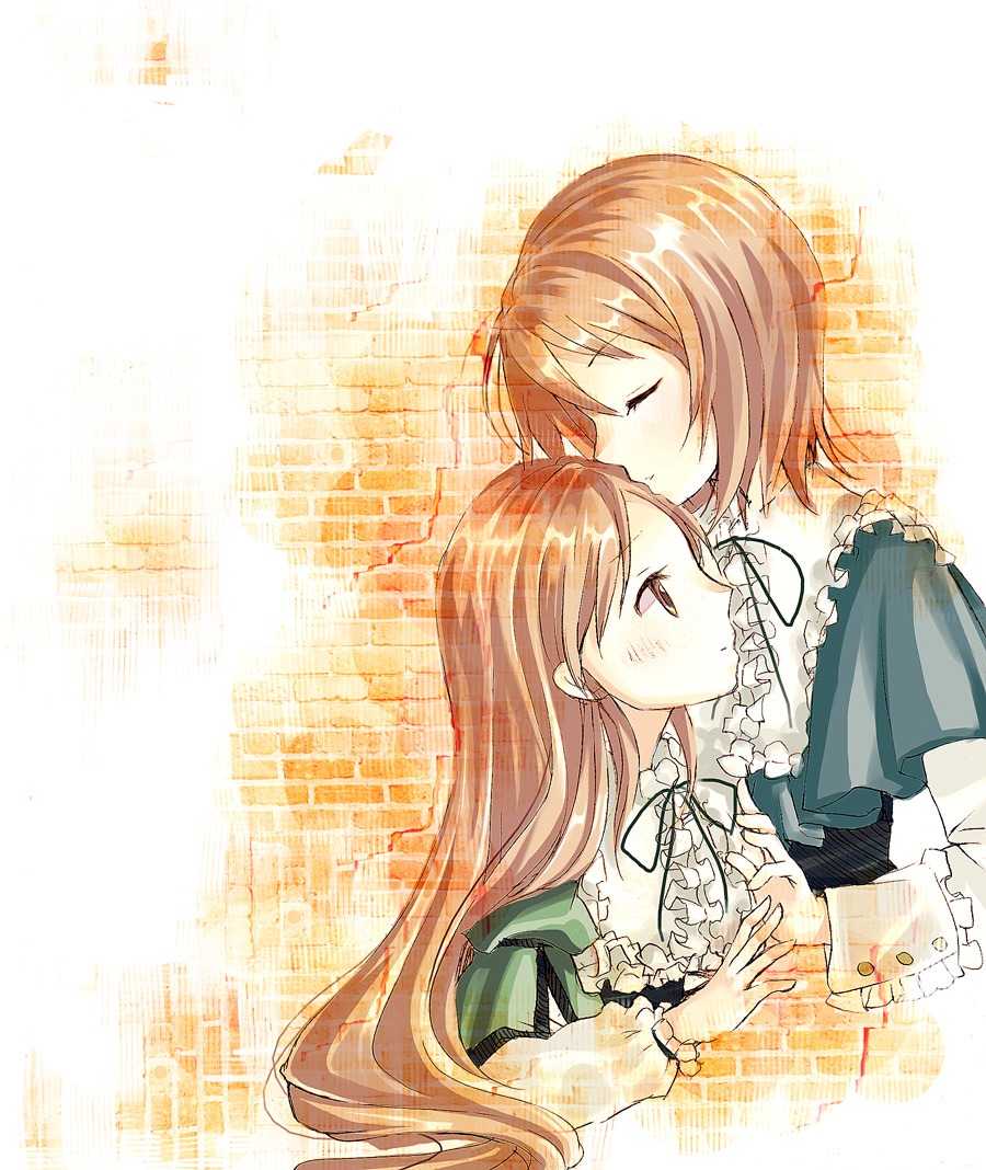 2girls blush brown_hair closed_eyes dress green_dress image incest kiss long_hair long_sleeves multiple_girls pair profile short_hair siblings sisters souseiseki suiseiseki twins yuri