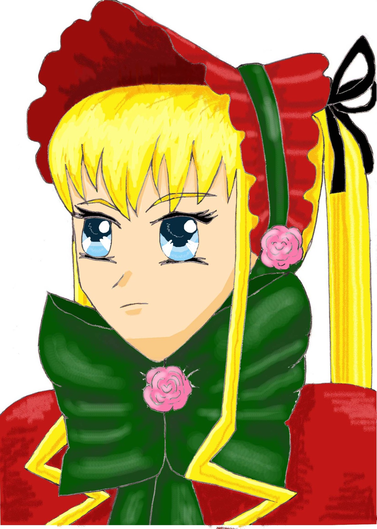 1girl blonde_hair blue_eyes bonnet flower image long_hair looking_at_viewer pink_flower pink_rose red_rose rose serious shinku simple_background solo white_background