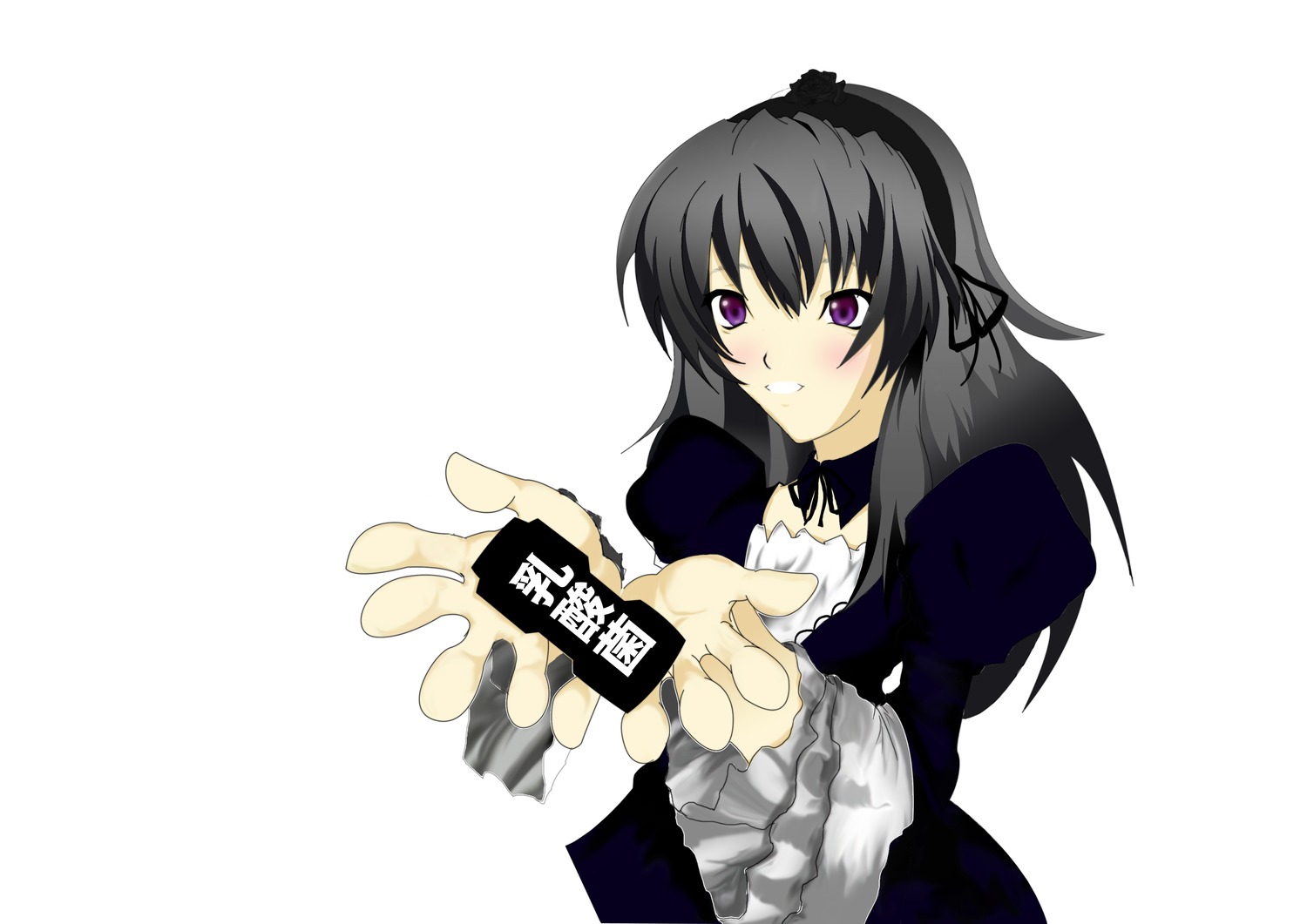 1girl black_hair blush choker dress frilled_sleeves frills grin hairband image long_hair long_sleeves looking_at_viewer purple_eyes simple_background solo suigintou white_background
