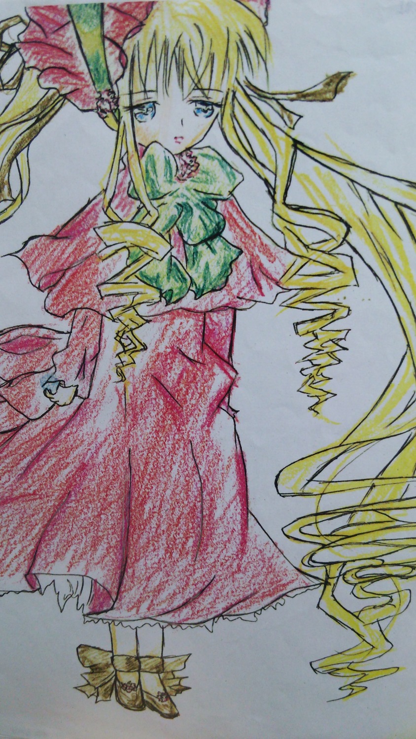 1girl blonde_hair blue_eyes bonnet bow bowtie dress flower image long_hair long_sleeves looking_at_viewer red_dress shinku simple_background solo standing traditional_media twintails very_long_hair