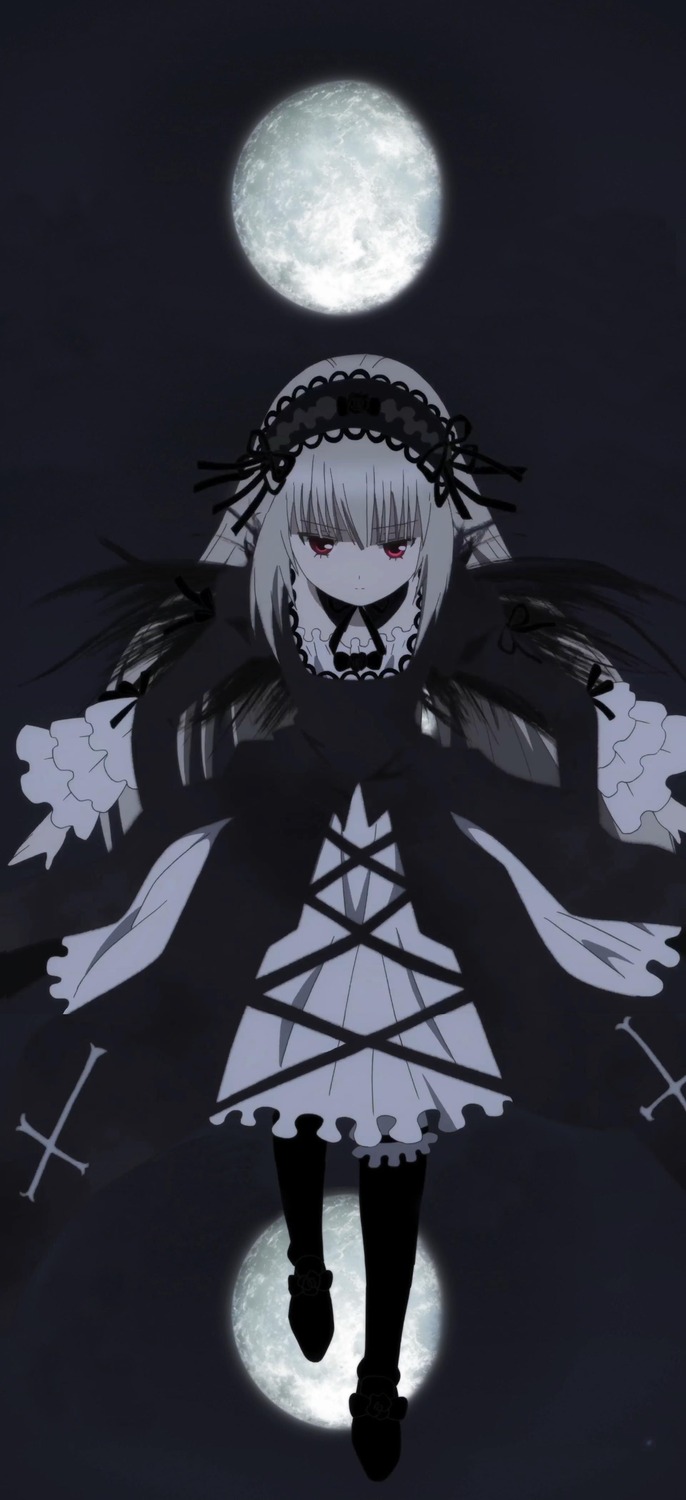 1girl black_wings dress flower frills full_moon gothic_lolita hairband image lolita_fashion lolita_hairband long_hair long_sleeves looking_at_viewer moon night red_eyes red_moon ribbon rose solo suigintou wings
