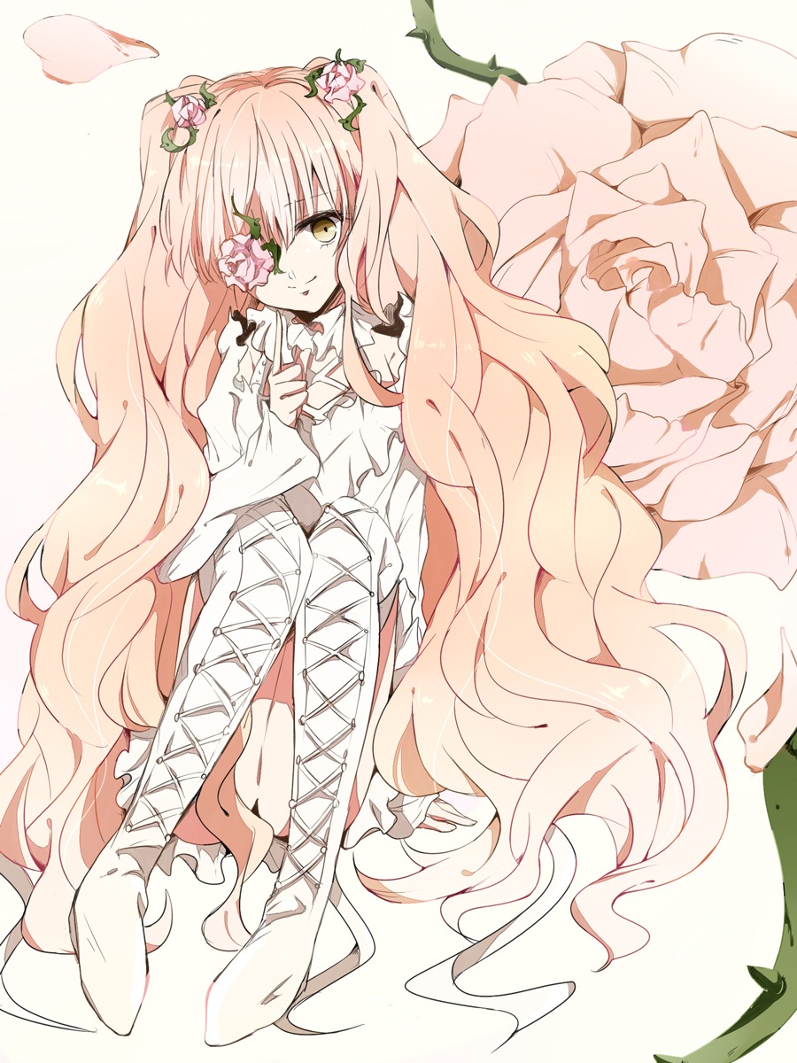 1girl boots dress eyepatch flower frills hair_flower image kirakishou long_hair pink_hair rose sitting smile solo thigh_boots very_long_hair wavy_hair yellow_eyes