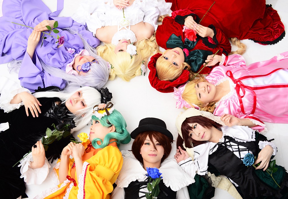 6+girls blonde_hair blue_eyes blue_flower blue_rose bow brown_hair closed_eyes dress eyepatch flower frills hair_ornament hat jacket long_hair multiple_boys multiple_cosplay multiple_girls realistic rose tagme top_hat wand