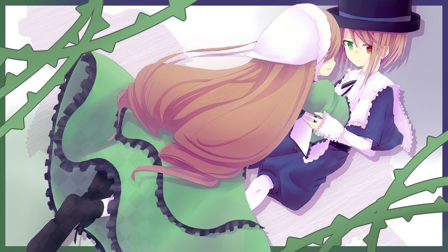 2girls blue_dress book brown_hair capelet dress frills green_dress green_eyes hat heterochromia image long_hair long_sleeves multiple_girls pair pantyhose red_eyes short_hair siblings sisters souseiseki suiseiseki top_hat twins very_long_hair