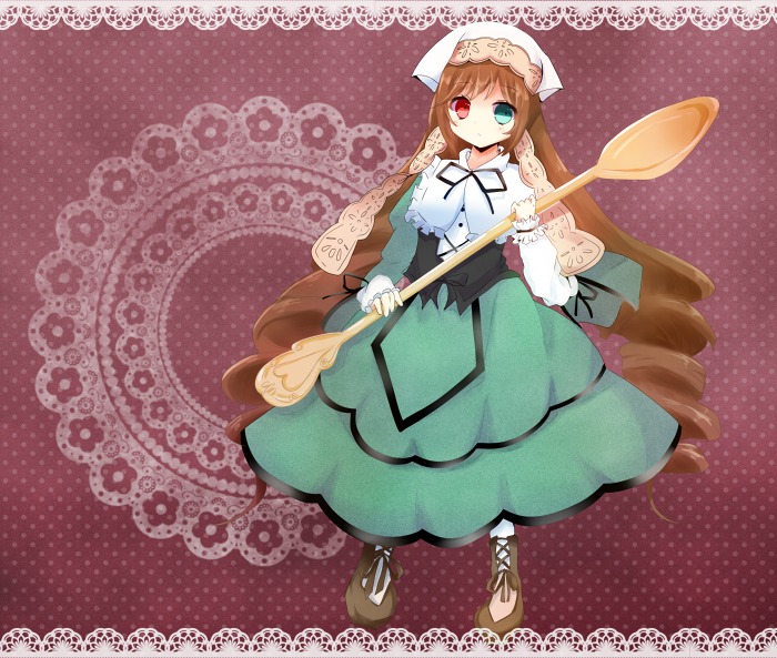 1girl brown_hair dress drill_hair fork frills green_dress green_eyes halftone halftone_background head_scarf heterochromia image long_hair long_sleeves pantyhose polka_dot polka_dot_background polka_dot_dress polka_dot_legwear red_eyes solo suiseiseki twin_drills very_long_hair