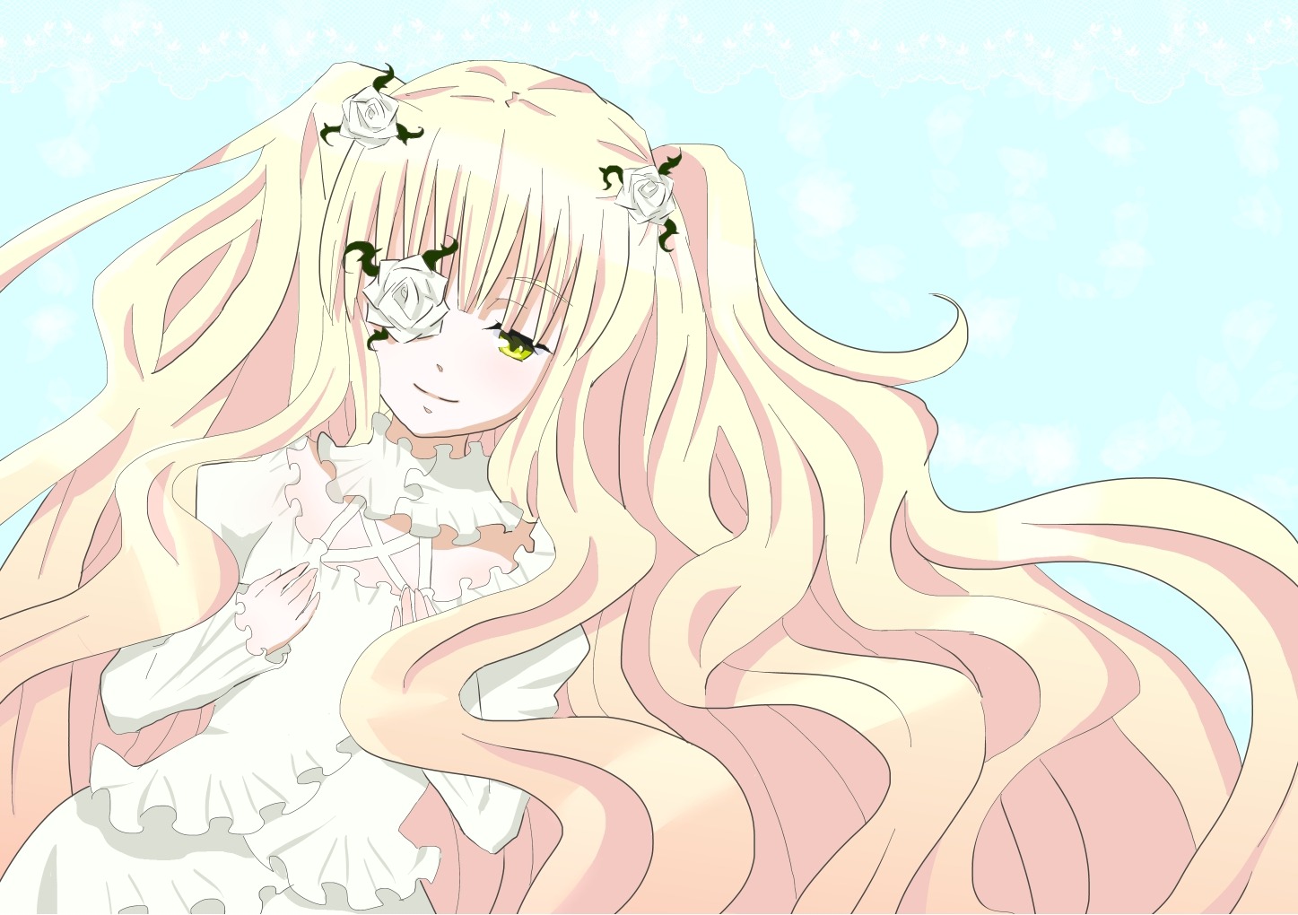 1girl blonde_hair dress eyepatch flower frills green_eyes hair_flower hair_ornament hands_on_own_chest image kirakishou long_hair long_sleeves looking_at_viewer rose smile solo two_side_up very_long_hair white_rose