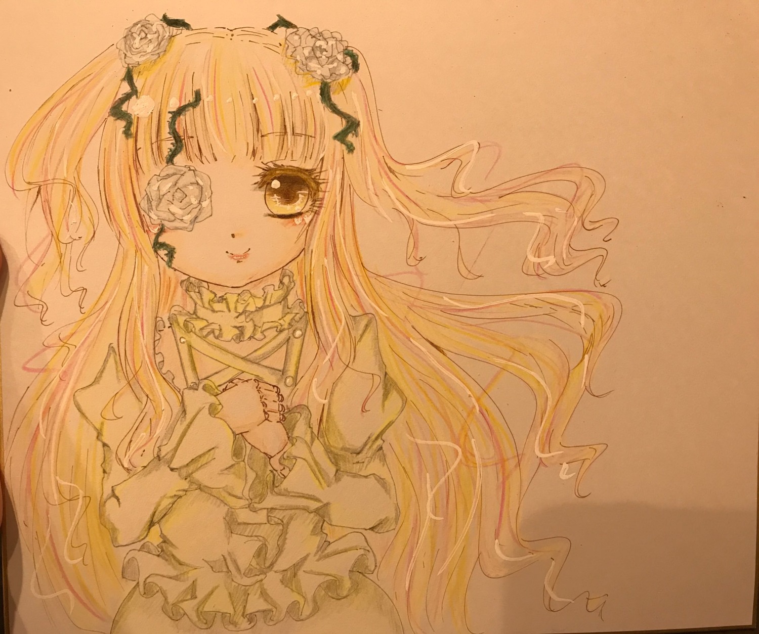 1girl bangs dress eyepatch flower frills hair_flower hair_ornament image kirakishou long_hair long_sleeves rose sepia smile solo traditional_media very_long_hair