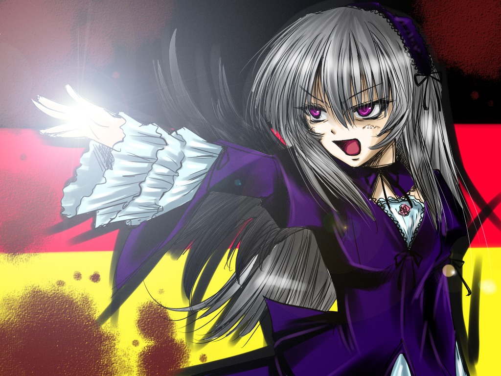 1girl auto_tagged dress frilled_sleeves frills hairband image lolita_hairband long_hair long_sleeves looking_at_viewer open_mouth pink_eyes purple_dress silver_hair solo suigintou upper_body wings