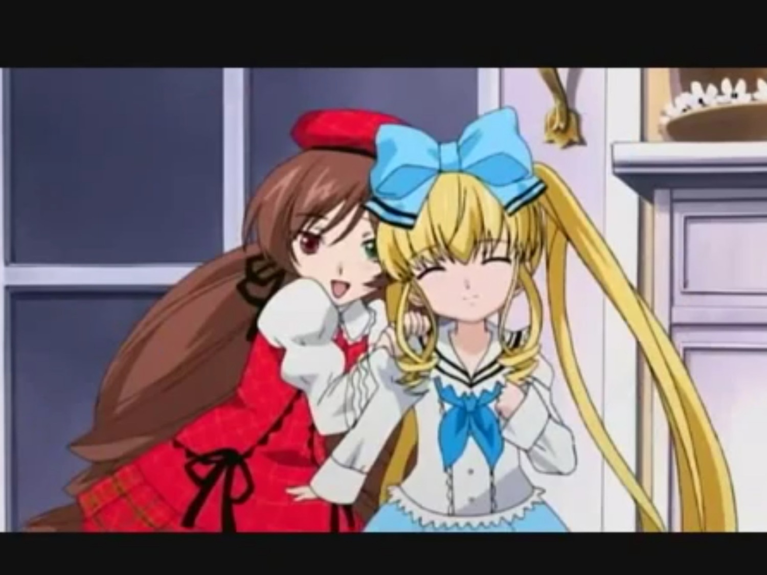 2girls 3girls black_border blonde_hair blue_bow bow brown_hair closed_eyes dress hair_bow hat heterochromia image letterboxed long_hair long_sleeves multiple_girls open_mouth pair sailor_collar school_uniform serafuku shinku smile suiseiseki very_long_hair
