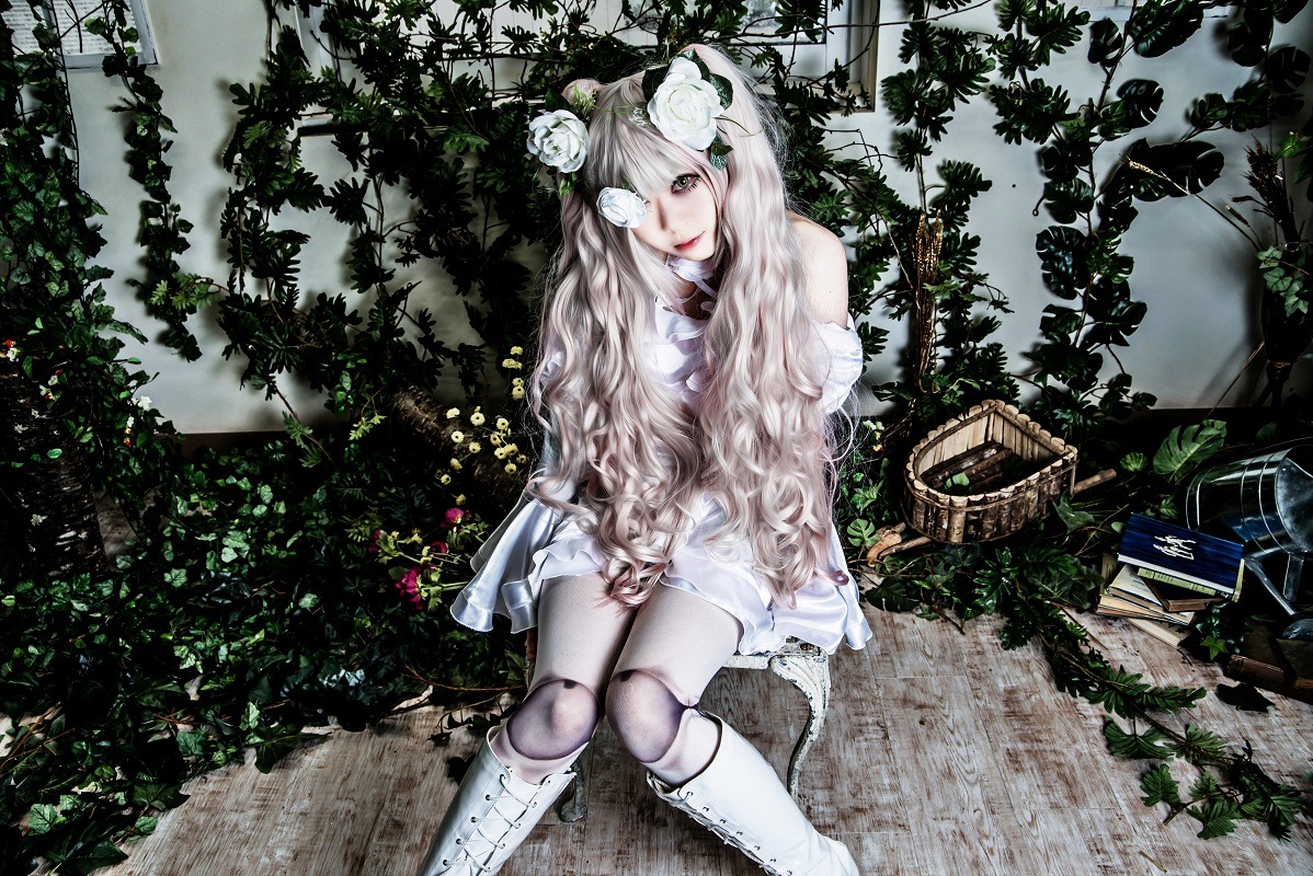 1girl boots dress flower hair_flower hair_ornament joints kirakishou knee_boots long_hair rose sitting solo tree white_footwear white_hair