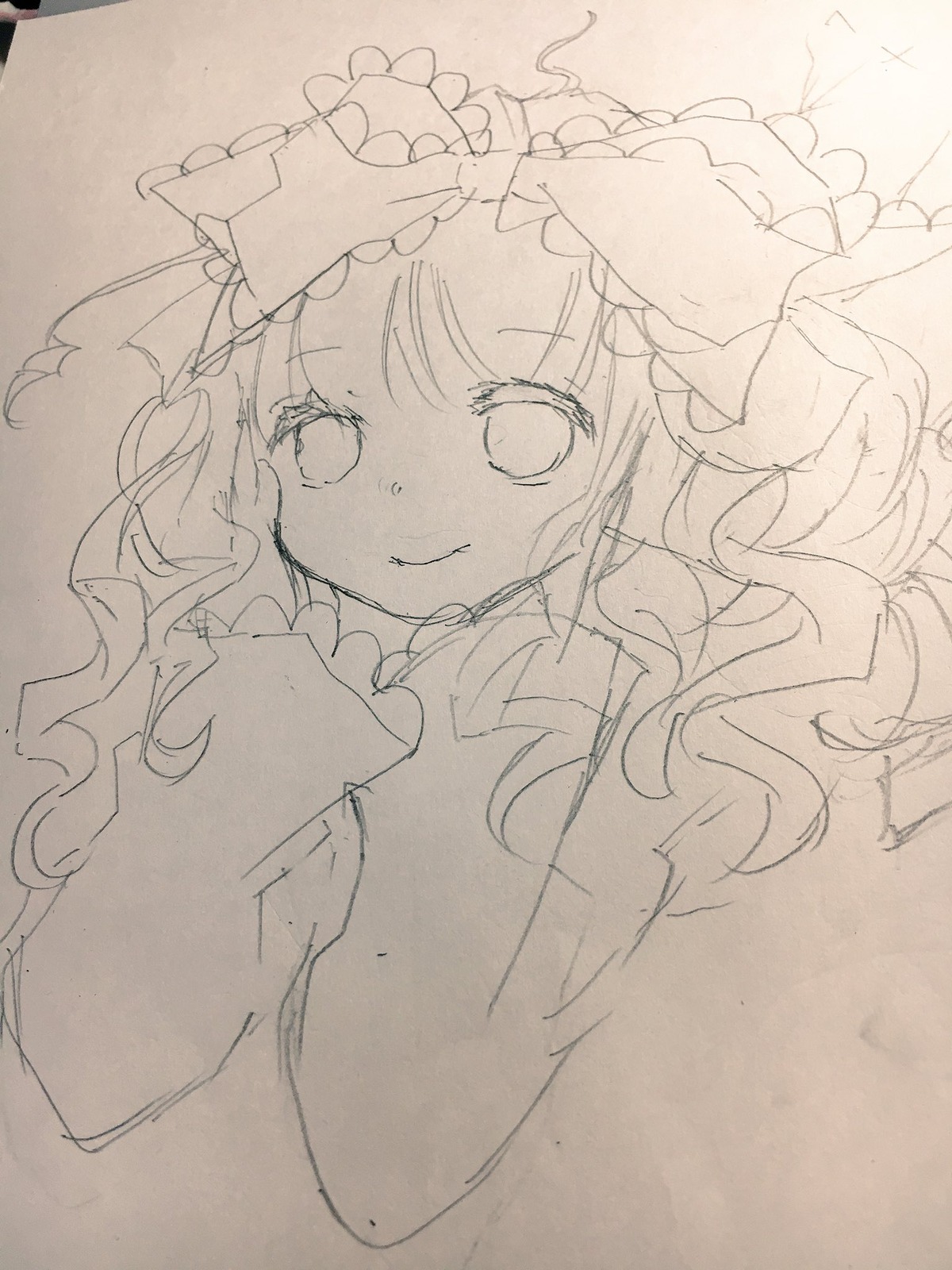 1girl bangs bow closed_mouth eyebrows_visible_through_hair frills greyscale hinaichigo image long_hair long_sleeves monochrome photo sleeves_past_fingers sleeves_past_wrists smile solo traditional_media upper_body wavy_hair
