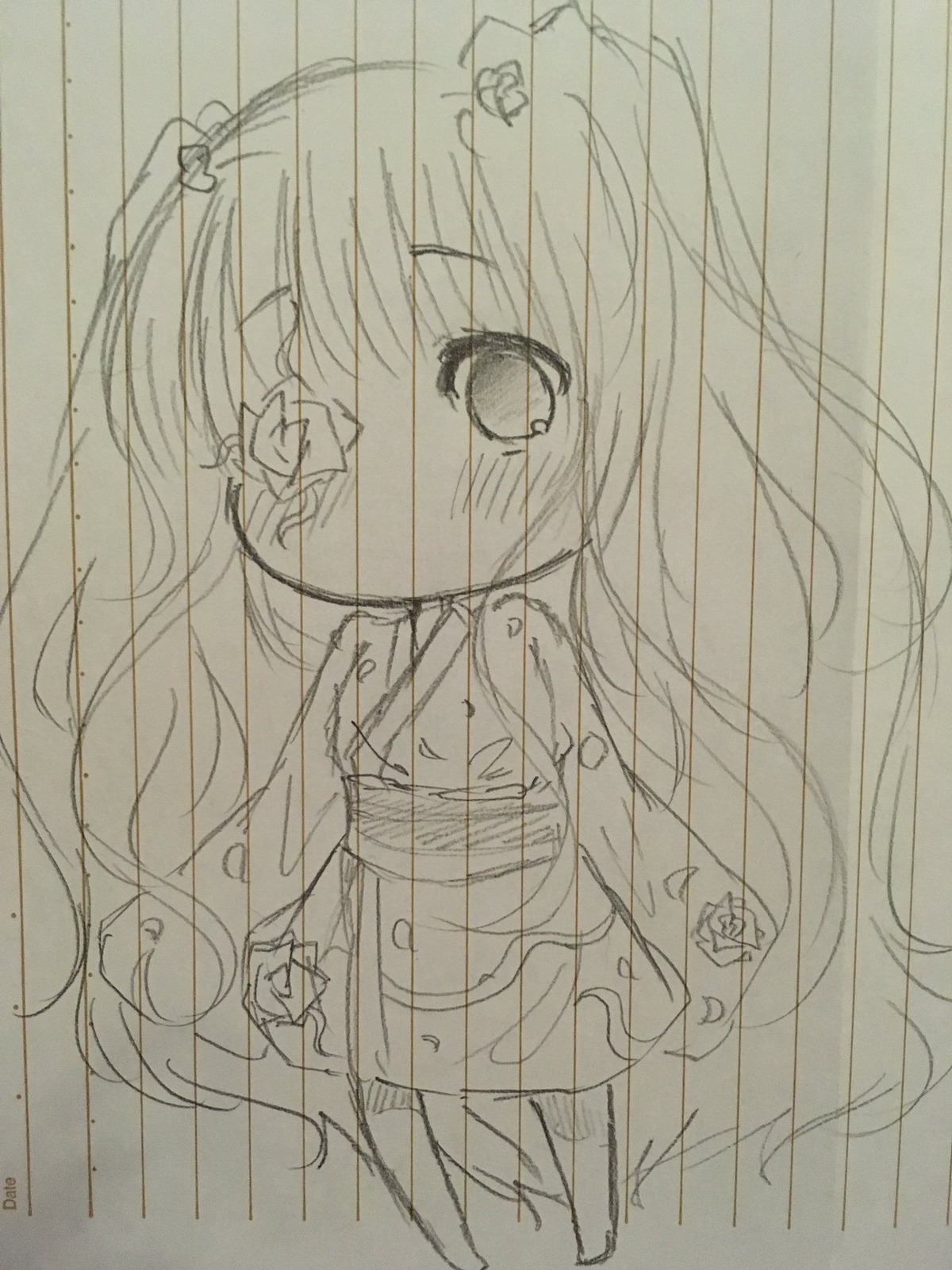 1girl bangs flower hair_ornament image kirakishou long_hair long_sleeves monochrome see-through sketch solo traditional_media