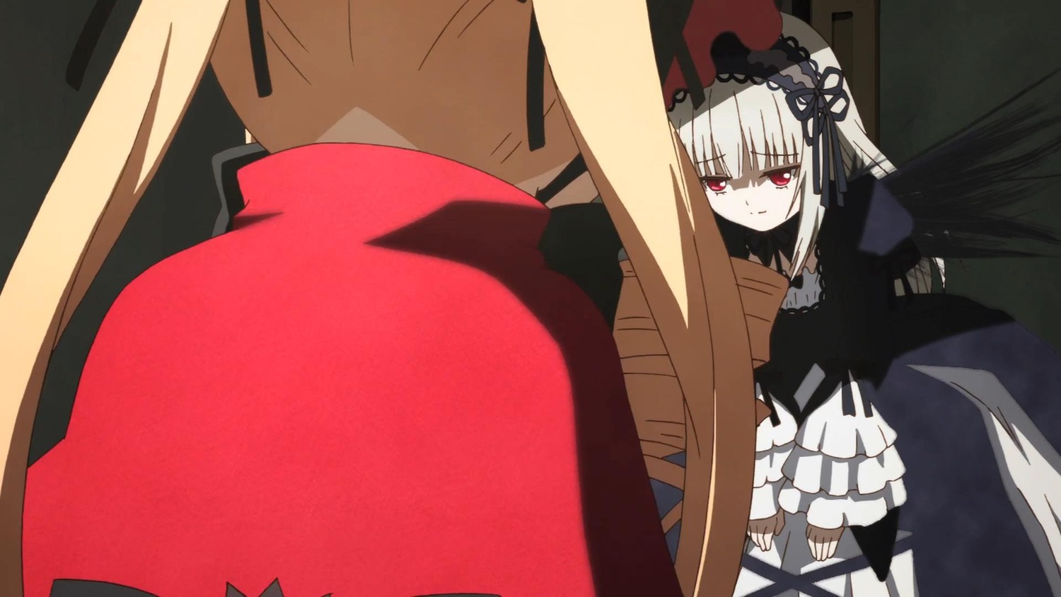 black_wings dress frills hairband head_out_of_frame image long_hair long_sleeves pair red_eyes ribbon rose shinku silver_hair suigintou wings