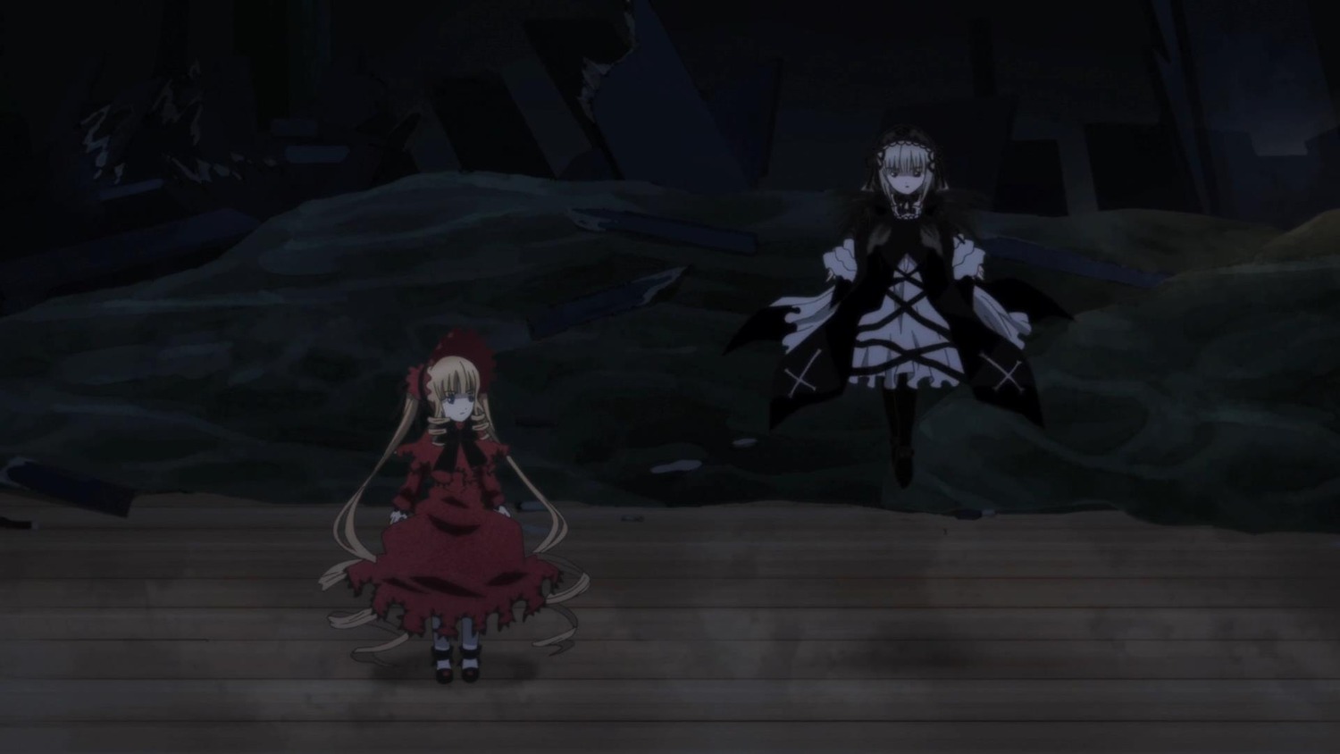 2girls blonde_hair bow dark dress image long_hair multiple_girls pair shinku standing suigintou