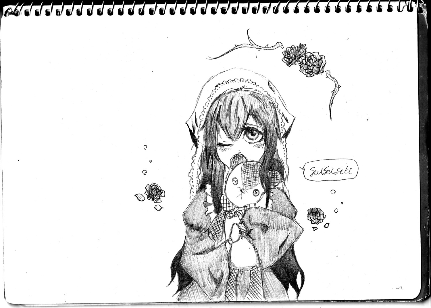 1girl bug butterfly flower greyscale hood image insect long_hair looking_at_viewer monochrome one_eye_closed simple_background solo suiseiseki white_background