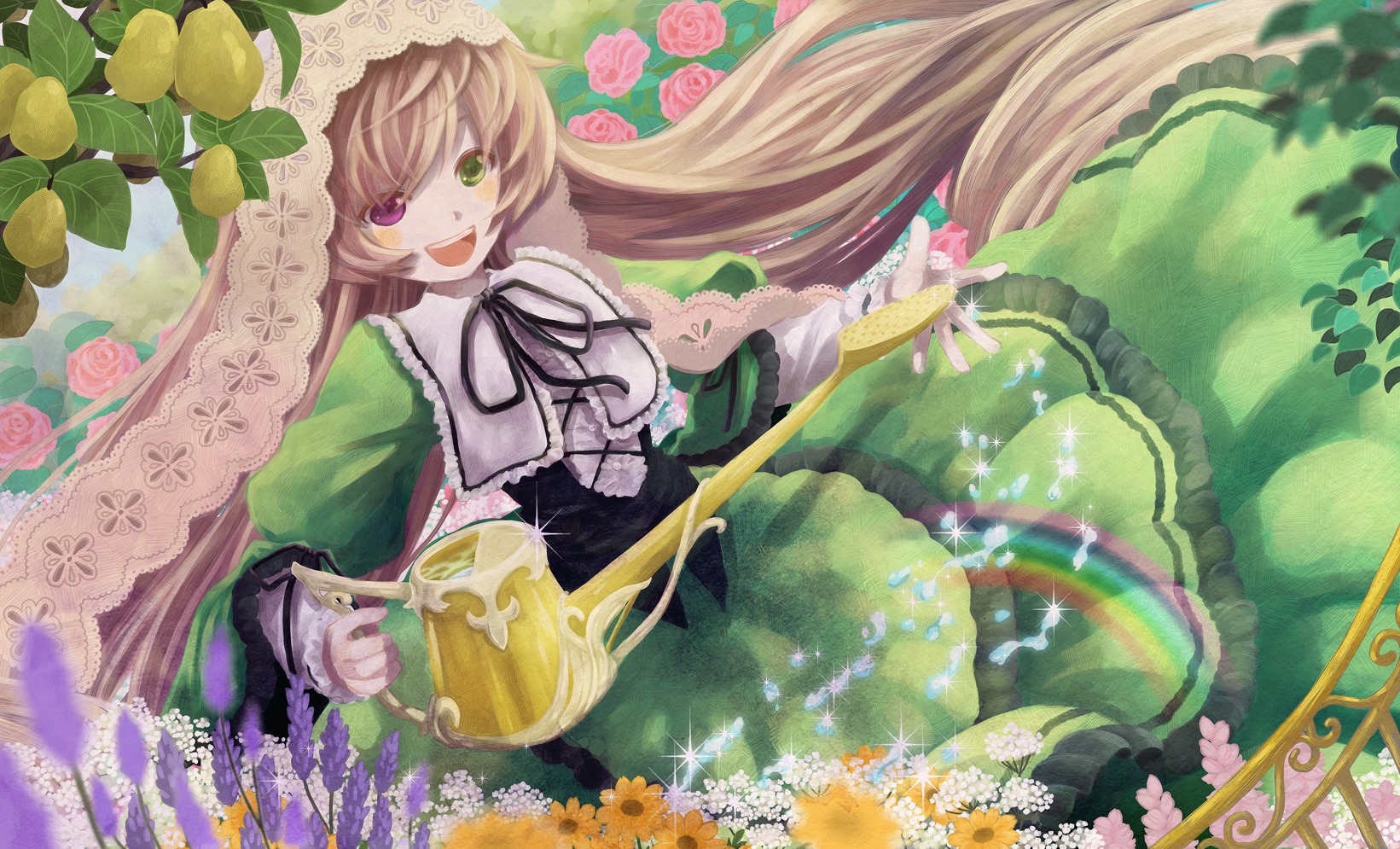 1girl :d brown_hair dress flower frills green_dress green_eyes heterochromia image long_hair long_sleeves looking_at_viewer open_mouth smile solo suiseiseki very_long_hair watering_can
