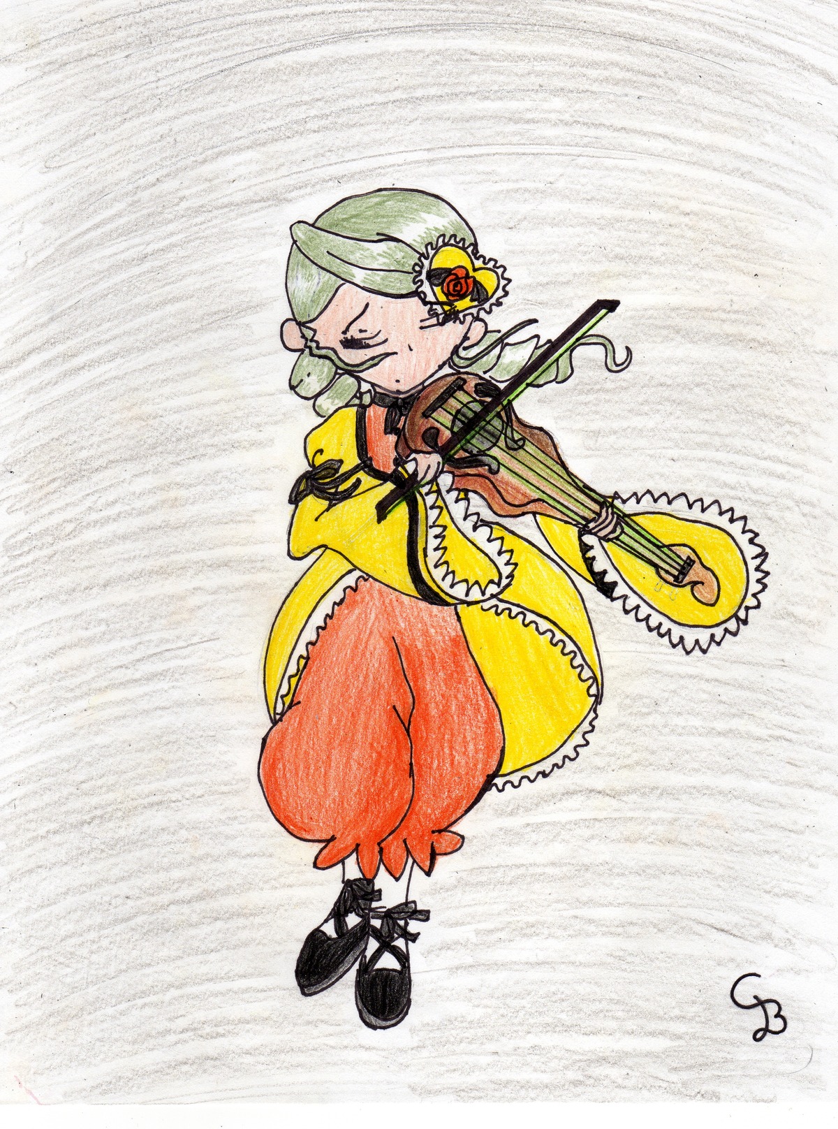 1girl auto_tagged bow_(instrument) dress full_body green_hair guitar hair_ornament holding_instrument image instrument kanaria long_sleeves music musical_note playing_instrument solo violin yellow_dress