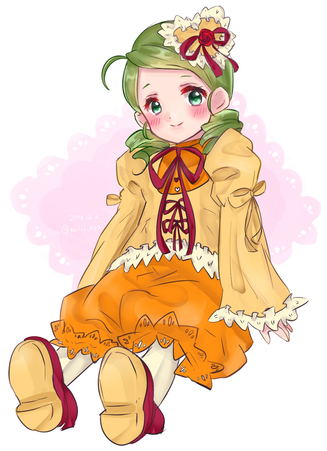 1girl ahoge bloomers blush drill_hair full_body green_eyes green_hair hair_ornament image kanaria long_sleeves looking_at_viewer ribbon smile solo striped twin_drills