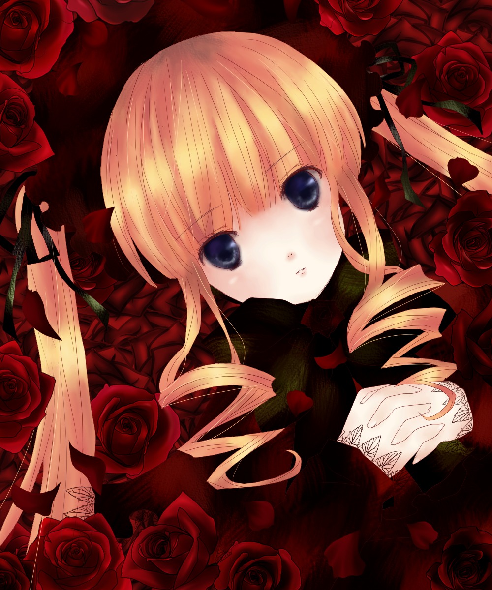 1girl black_flower black_rose blonde_hair blue_eyes camellia drill_hair flower hat image long_hair pink_rose purple_rose red_flower red_rose rose rose_petals shinku solo thorns twin_drills yellow_rose