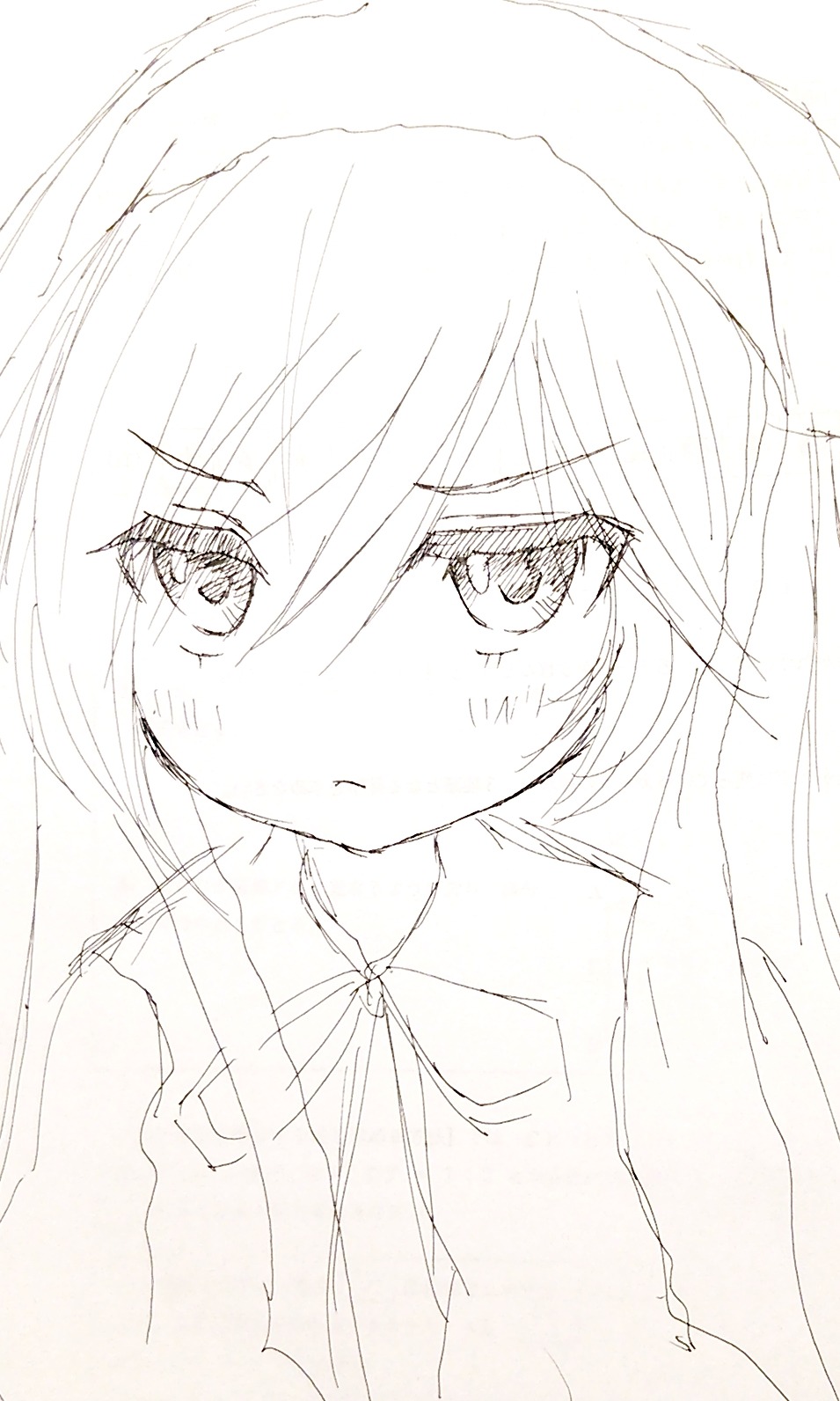 1girl auto_tagged blush eyebrows_visible_through_hair image long_hair looking_at_viewer monochrome sketch solo suiseiseki