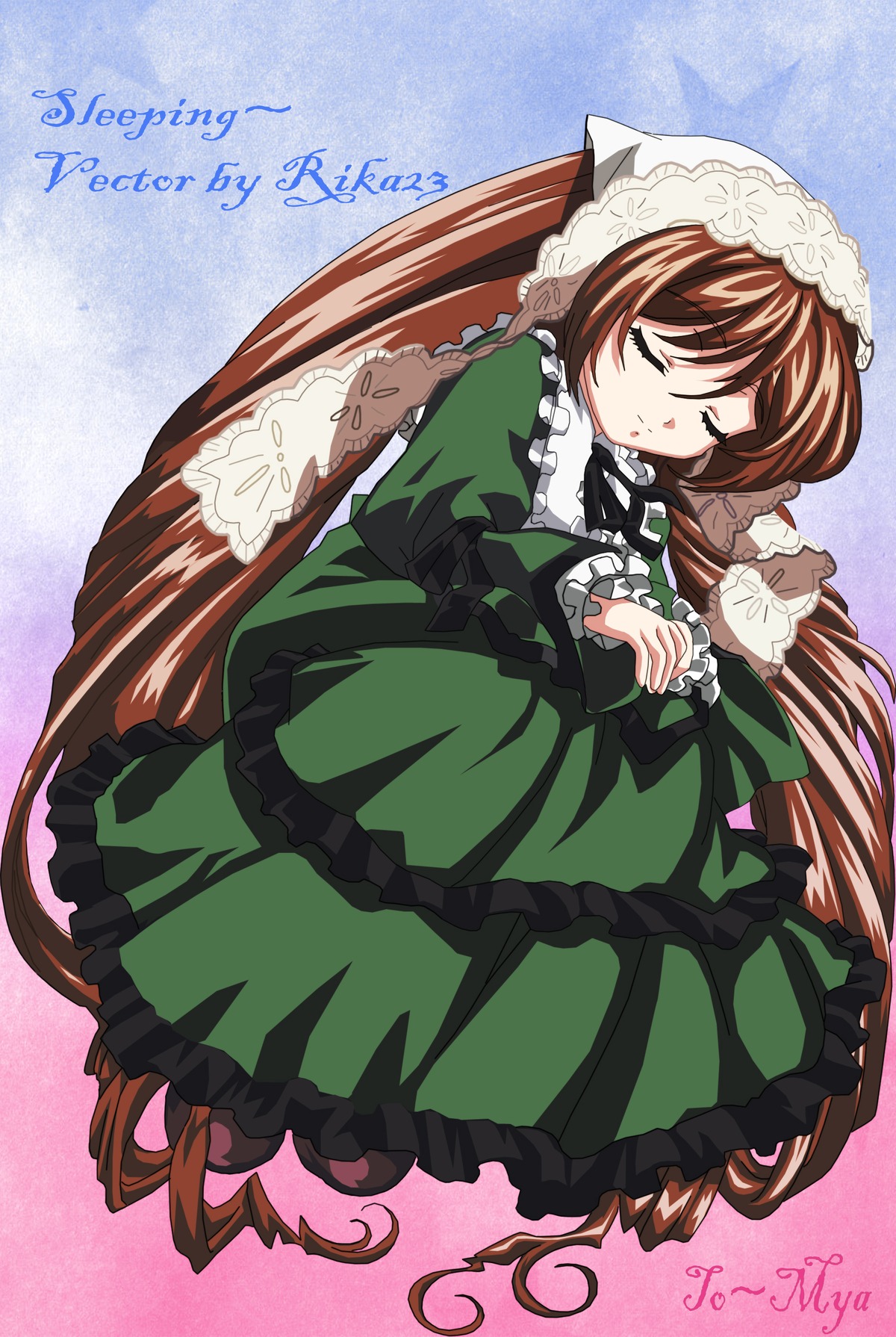 1girl artist_name brown_hair closed_eyes dated dress frills full_body green_dress image long_hair long_sleeves sleeping solo suiseiseki very_long_hair