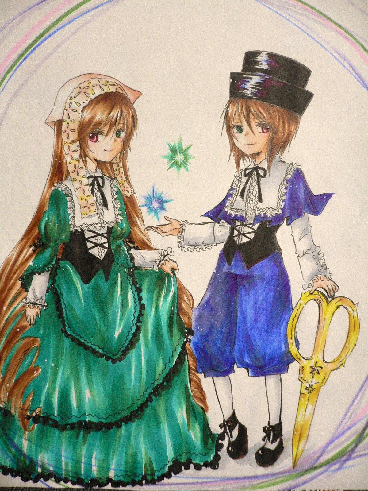 2girls blue_dress brown_hair dress frills full_body green_dress hat head_scarf heterochromia holding_hands image long_hair long_sleeves looking_at_viewer multiple_girls pair pantyhose red_eyes short_hair siblings sisters smile souseiseki standing suiseiseki top_hat twins very_long_hair white_legwear