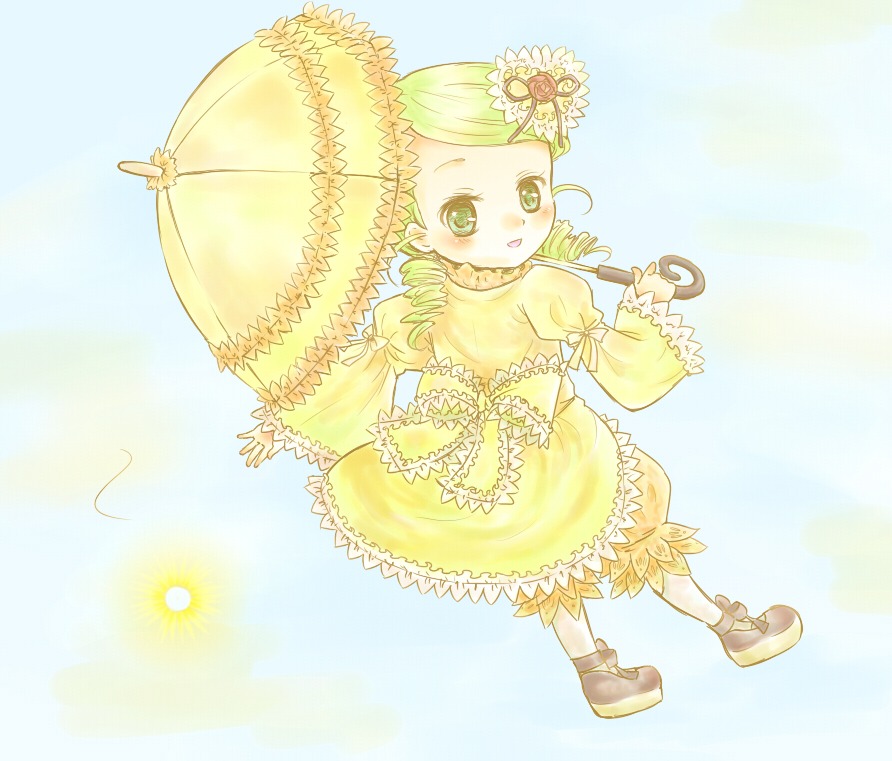 1girl blonde_hair blush dress drill_hair flower frills full_body green_eyes green_hair hair_ornament holding_umbrella image kanaria long_sleeves looking_at_viewer musical_note parasol smile solo standing twin_drills umbrella yellow_dress yellow_footwear