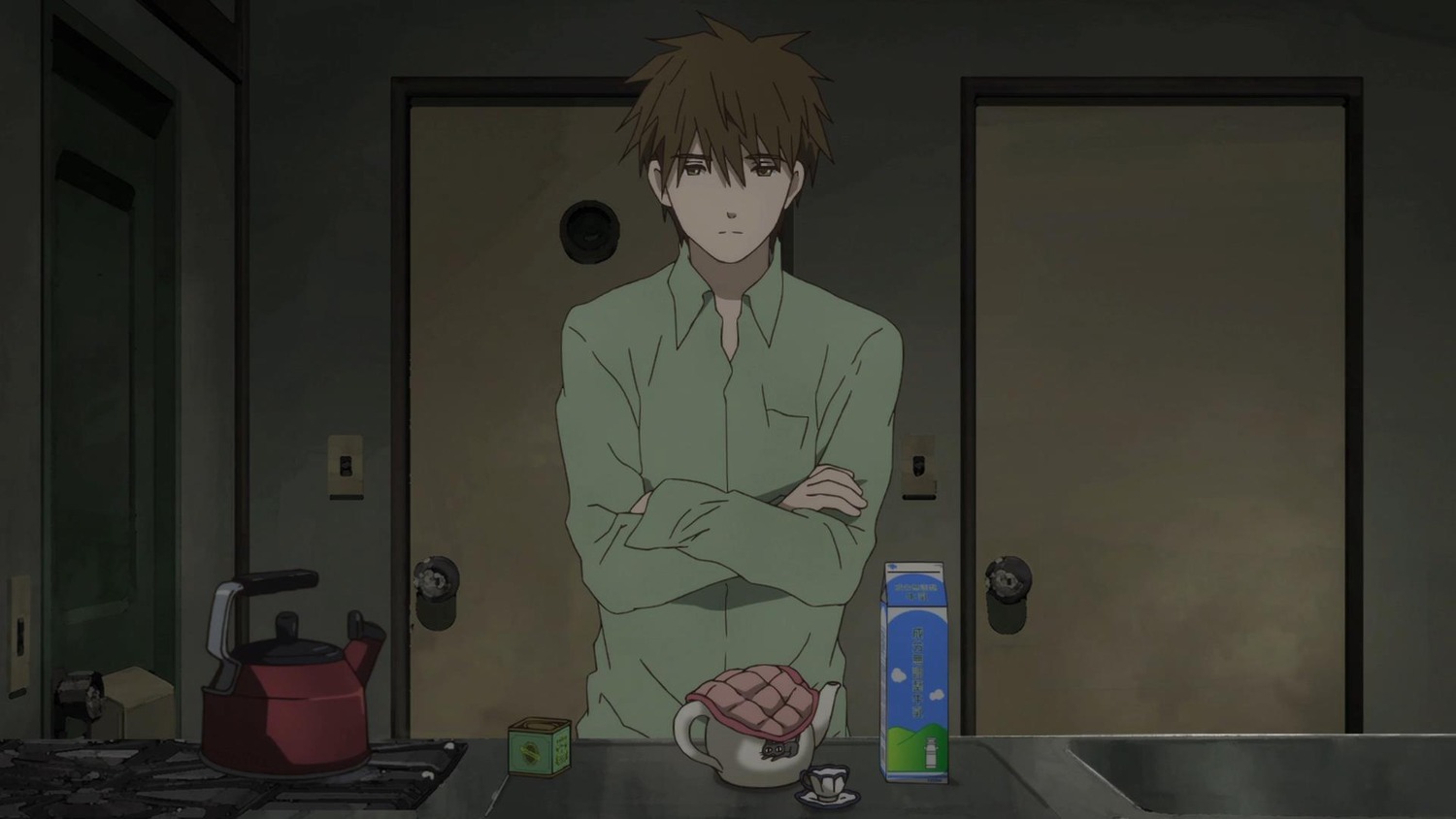 1boy brown_hair crossed_arms human indoors long_sleeves looking_at_viewer pants sakurada_jun screenshot shirt sitting solo